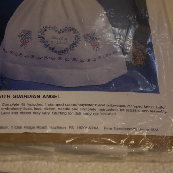 Vintage Bucilla Stamped Embroidery Kit Keepsake Doll with Guardian Angel - Picture 4 of 4